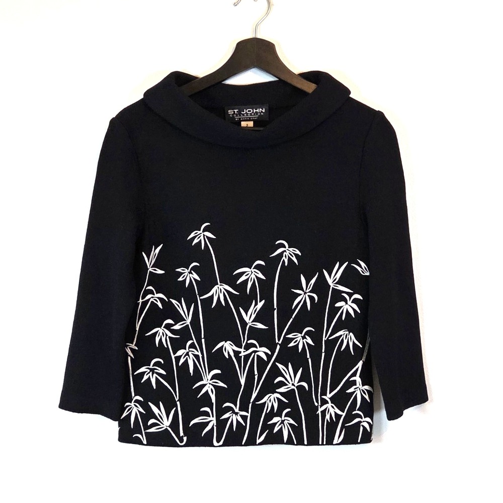Vtg Y2K St. John Marie Gray Black Knit Bamboo Embroidered Top | Cowl Neck Sz 2